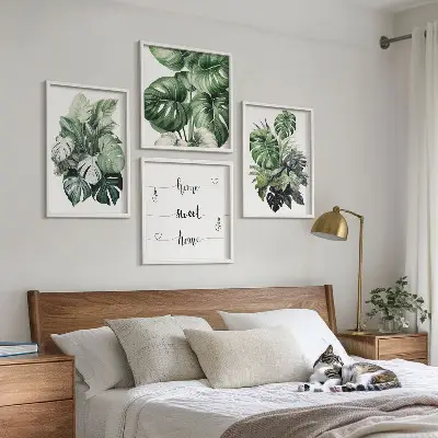 Aquarell mit grünen tropischen Blättern als gerahmtes Polyptychon