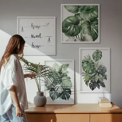 Aquarell mit grünen tropischen Blättern als gerahmtes Polyptychon