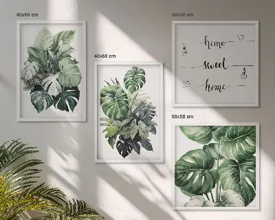 Aquarell mit grünen tropischen Blättern als gerahmtes Polyptychon