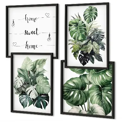 Aquarell mit grünen tropischen Blättern als gerahmtes Polyptychon
