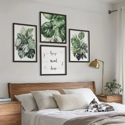 Aquarell mit grünen tropischen Blättern als gerahmtes Polyptychon