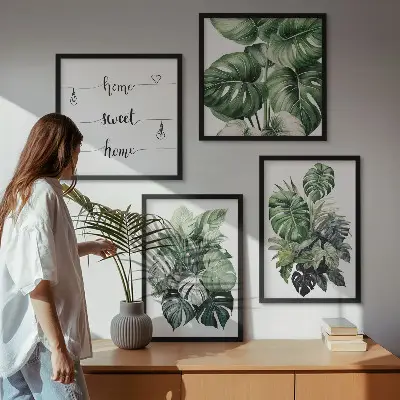 Aquarell mit grünen tropischen Blättern als gerahmtes Polyptychon
