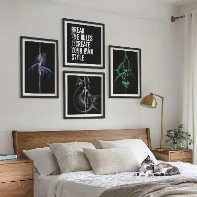 Abstrakte schwarze Muster als fünfteiliges Wandbild mit Rahmen