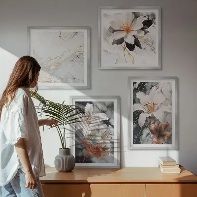 Wanddeko-Set in Blumen-Optik in Marmor-Weiß und Schwarz