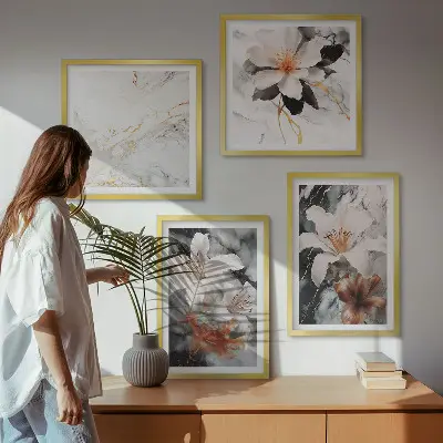 Wanddeko-Set in Blumen-Optik in Marmor-Weiß und Schwarz
