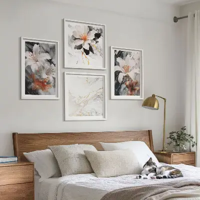 Wanddeko-Set in Blumen-Optik in Marmor-Weiß und Schwarz