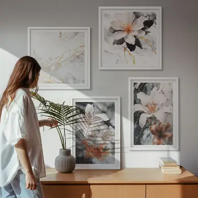 Wanddeko-Set in Blumen-Optik in Marmor-Weiß und Schwarz