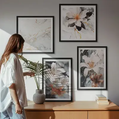 Wanddeko-Set in Blumen-Optik in Marmor-Weiß und Schwarz