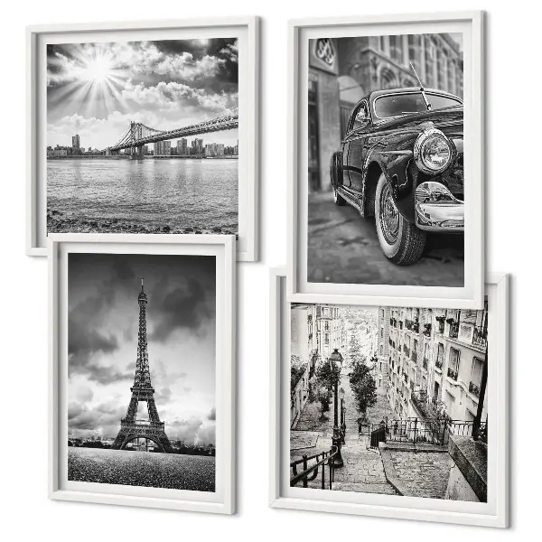 Wanddeko-Set mit Stadtansicht von Brücken, Eiffelturm und Autos