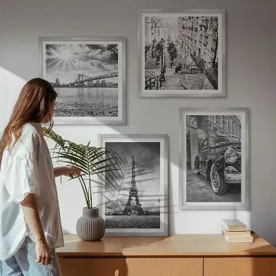 Wanddeko-Set mit Stadtansicht von Brücken, Eiffelturm und Autos