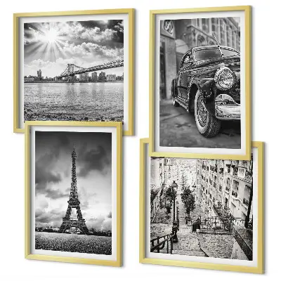 Wanddeko-Set mit Stadtansicht von Brücken, Eiffelturm und Autos