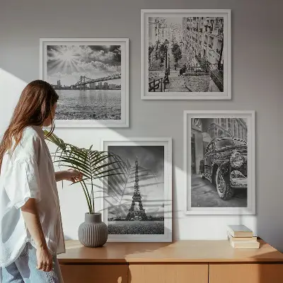 Wanddeko-Set mit Stadtansicht von Brücken, Eiffelturm und Autos