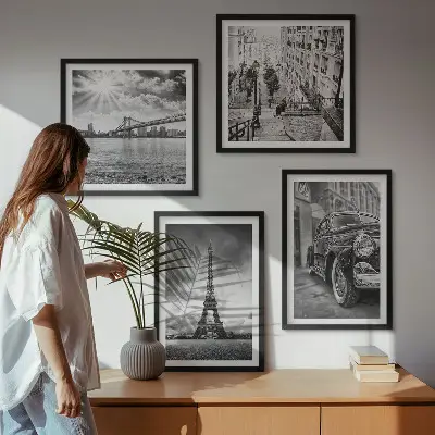 Wanddeko-Set mit Stadtansicht von Brücken, Eiffelturm und Autos