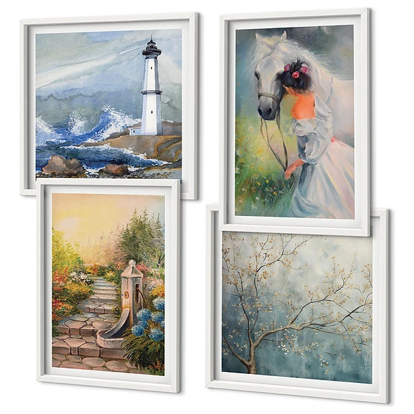Wanddeko-Set mit Leuchtturm, Landschaft, Mädchen und Pferd