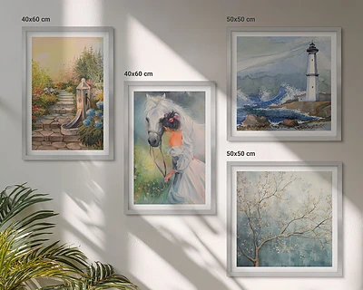 Wanddeko-Set mit Leuchtturm, Landschaft, Mädchen und Pferd