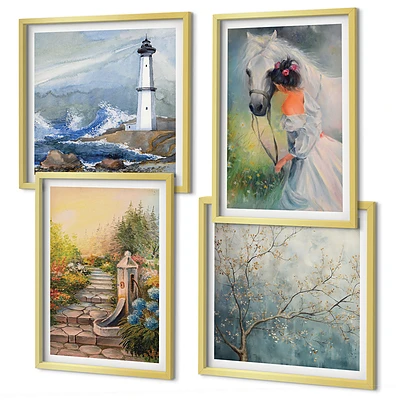 Wanddeko-Set mit Leuchtturm, Landschaft, Mädchen und Pferd
