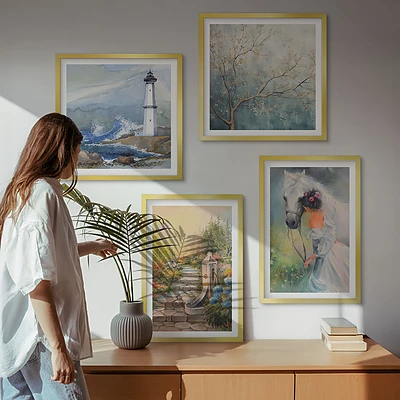Wanddeko-Set mit Leuchtturm, Landschaft, Mädchen und Pferd