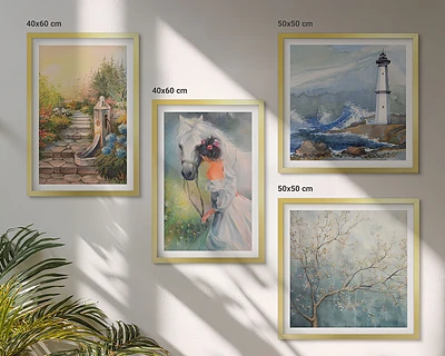 Wanddeko-Set mit Leuchtturm, Landschaft, Mädchen und Pferd