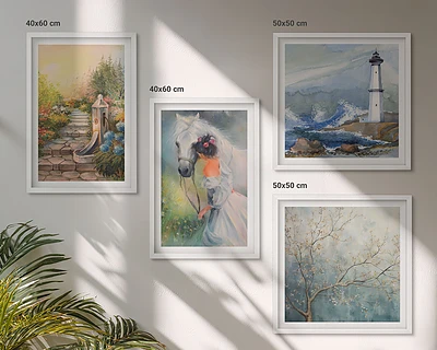 Wanddeko-Set mit Leuchtturm, Landschaft, Mädchen und Pferd