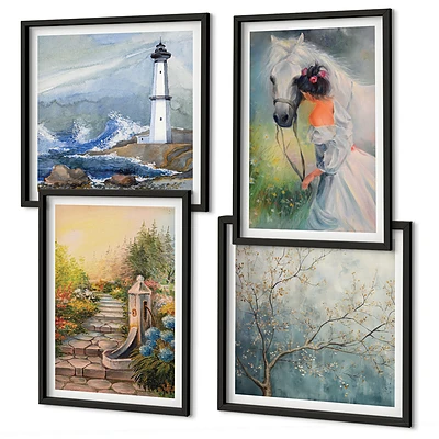 Wanddeko-Set mit Leuchtturm, Landschaft, Mädchen und Pferd
