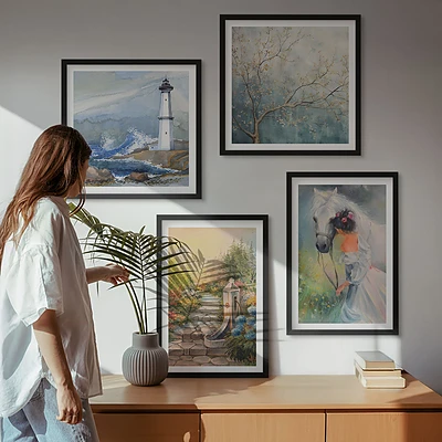 Wanddeko-Set mit Leuchtturm, Landschaft, Mädchen und Pferd
