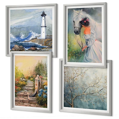 Wanddeko-Set mit Leuchtturm, Landschaft, Mädchen und Pferd