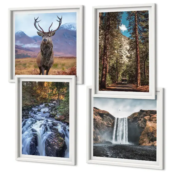 Polyptychon mit Rahmen Naturlandschaft mit Wasserfall Wald Bergen und Hirsch