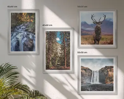 Polyptychon mit Rahmen Naturlandschaft mit Wasserfall Wald Bergen und Hirsch