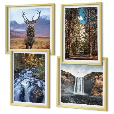 Polyptychon mit Rahmen Naturlandschaft mit Wasserfall Wald Bergen und Hirsch