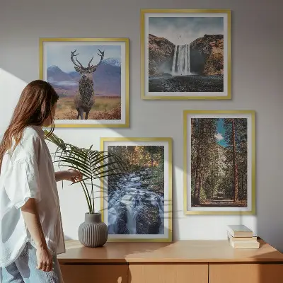 Polyptychon mit Rahmen Naturlandschaft mit Wasserfall Wald Bergen und Hirsch