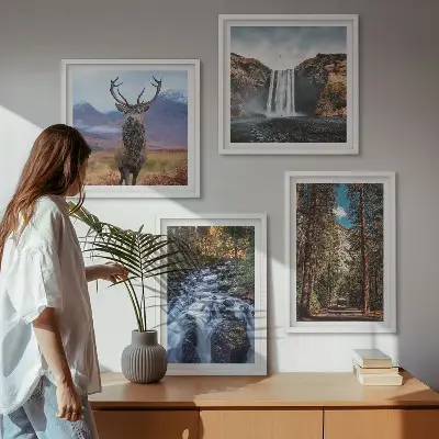 Polyptychon mit Rahmen Naturlandschaft mit Wasserfall Wald Bergen und Hirsch