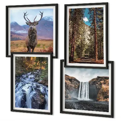 Polyptychon mit Rahmen Naturlandschaft mit Wasserfall Wald Bergen und Hirsch