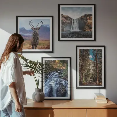 Polyptychon mit Rahmen Naturlandschaft mit Wasserfall Wald Bergen und Hirsch