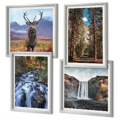 Polyptychon mit Rahmen Naturlandschaft mit Wasserfall Wald Bergen und Hirsch