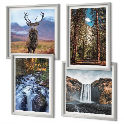 Polyptychon mit rahmen Wasserfall Wald Berge Hirsch Natur