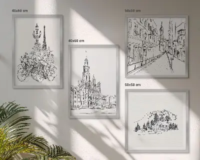 Einfache Stadtansicht-Zeichnungen als gerahmtes Polyptychon