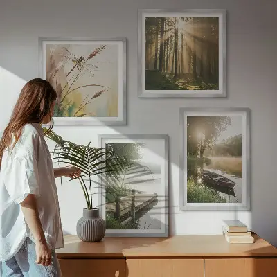 Polyptychon mit Rahmen mit Motiv See Wald Boot und Morgennebel