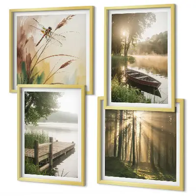 Polyptychon mit Rahmen mit Motiv See Wald Boot und Morgennebel