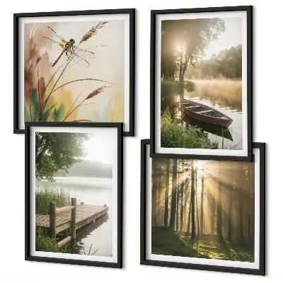 Polyptychon mit Rahmen mit Motiv See Wald Boot und Morgennebel