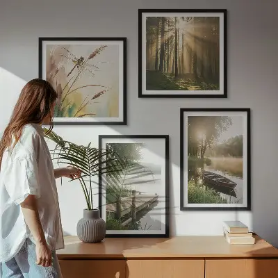 Polyptychon mit Rahmen mit Motiv See Wald Boot und Morgennebel