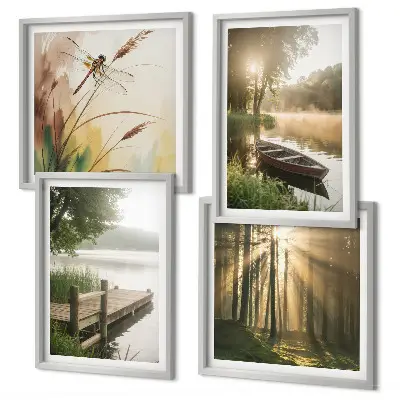 Polyptychon mit Rahmen mit Motiv See Wald Boot und Morgennebel
