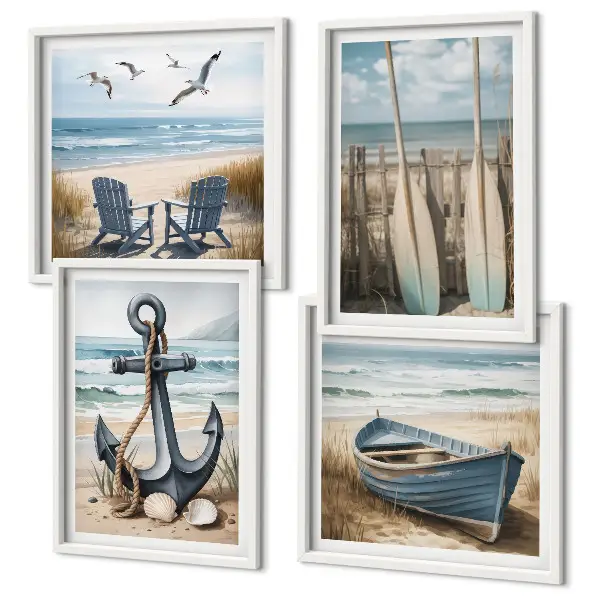 Polyptychon mit Rahmen Anker, Boot, Ruder und Strand Motiv