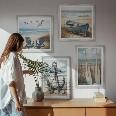 Polyptychon mit Rahmen Anker, Boot, Ruder und Strand Motiv