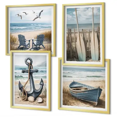 Polyptychon mit Rahmen Anker, Boot, Ruder und Strand Motiv