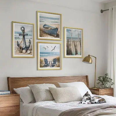 Polyptychon mit Rahmen Anker, Boot, Ruder und Strand Motiv