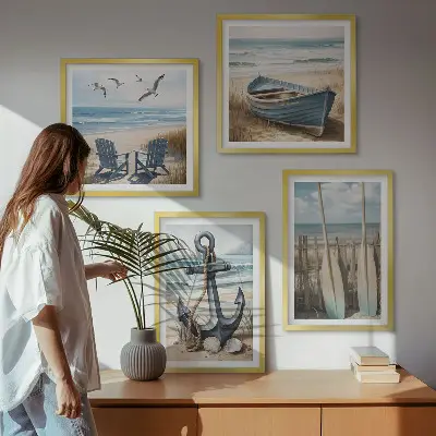 Polyptychon mit Rahmen Anker, Boot, Ruder und Strand Motiv