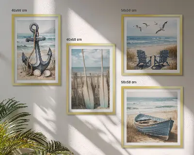 Polyptychon mit Rahmen Anker, Boot, Ruder und Strand Motiv