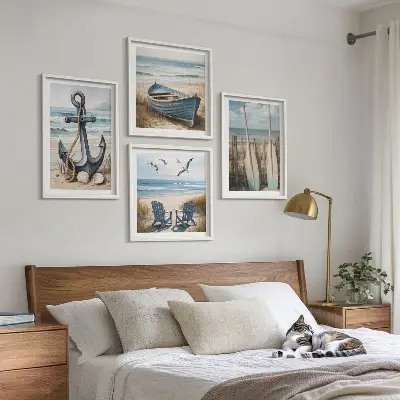 Polyptychon mit Rahmen Anker, Boot, Ruder und Strand Motiv