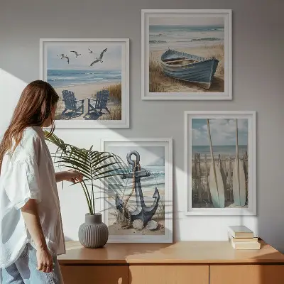 Polyptychon mit Rahmen Anker, Boot, Ruder und Strand Motiv