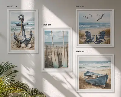 Polyptychon mit Rahmen Anker, Boot, Ruder und Strand Motiv
